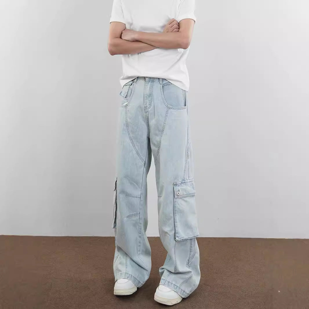 American Retro Gender-Free Blue Cotton Casual Pants Mid Waist S-3XL
