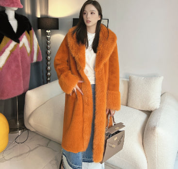Women’s Mink Fur Collar Leather Overcoat Medium Length