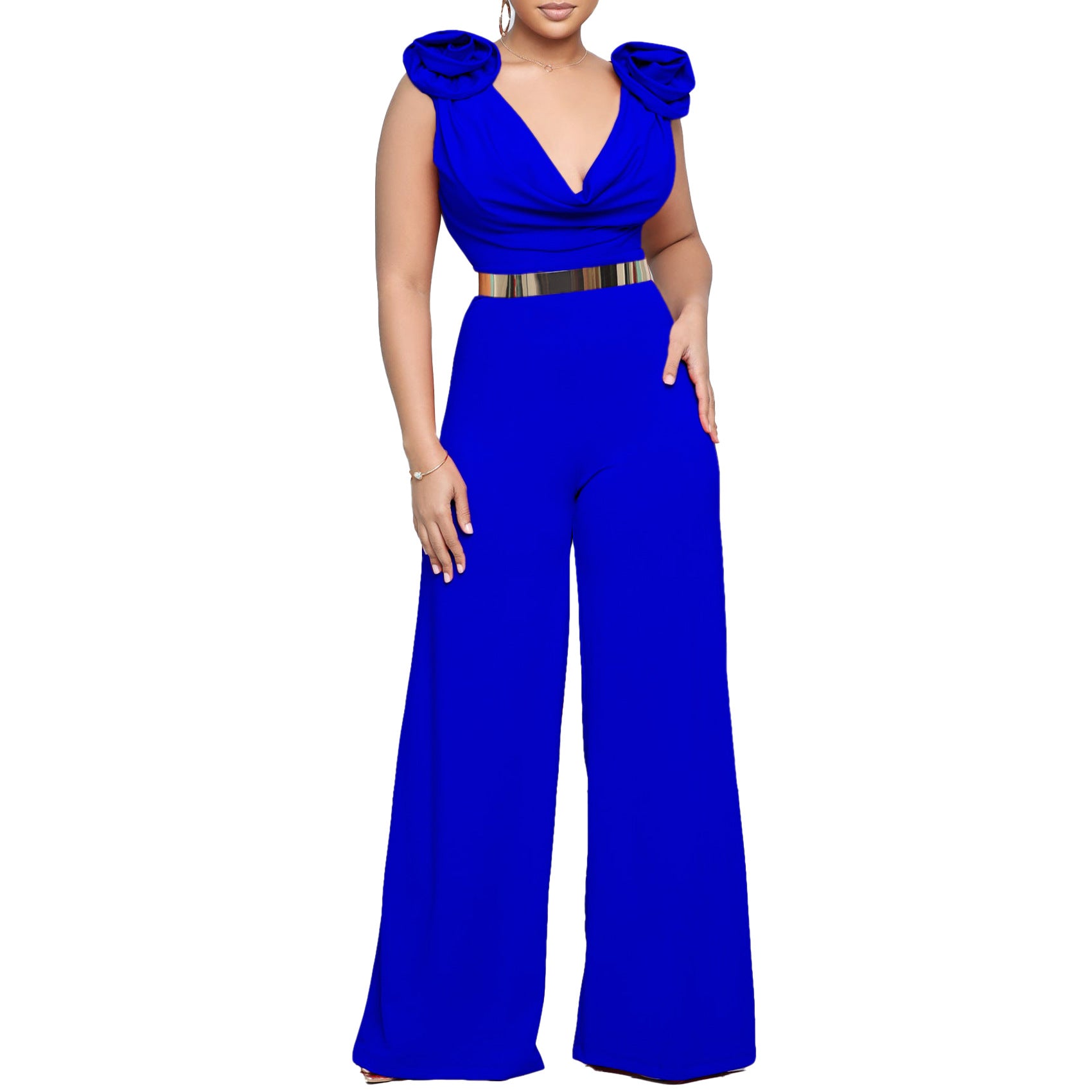 V-Neck Sleeveless Solid Color Turtleneck Jumpsuit with Belt