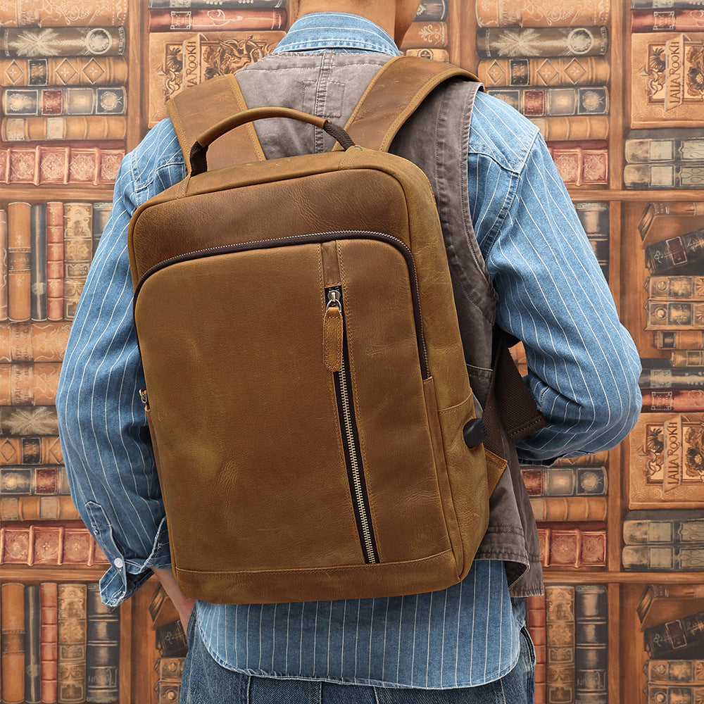 Men's Casual Large Capacity Genuine Leather Outdoor Backpack Brown