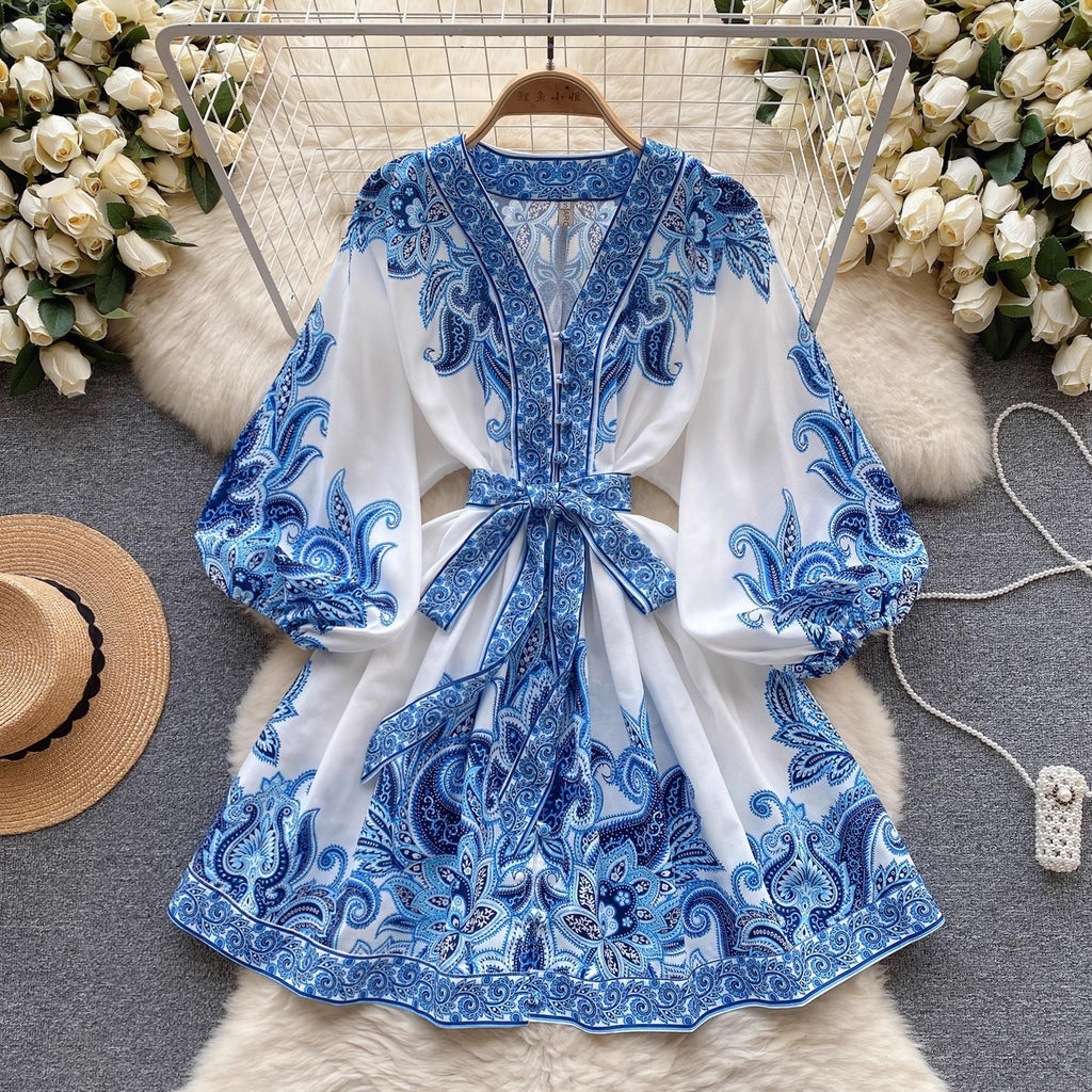 Robe femme imprimée à manches lanternes et taille haute