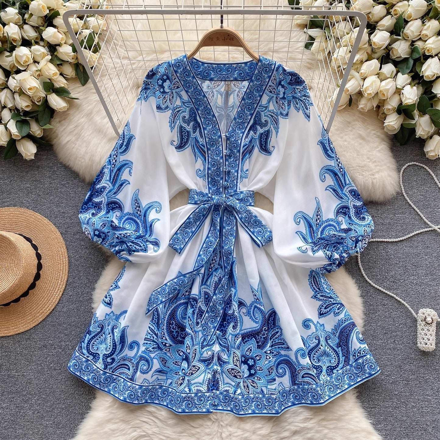 Dress Female Lantern Sleeve Waist Trimming Printing