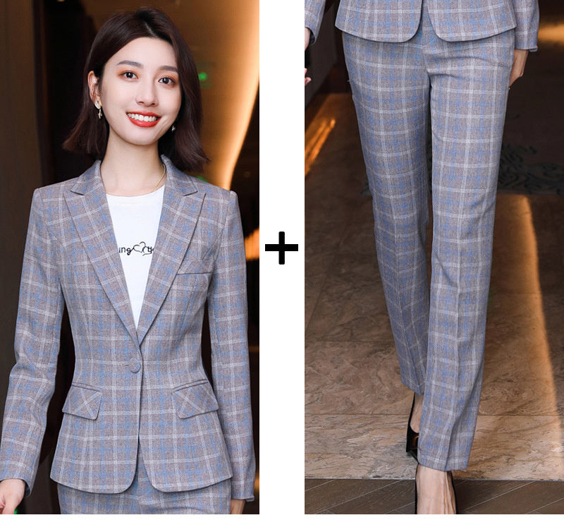 Professional Women's Long-Sleeve Plaid Business Pants Suit