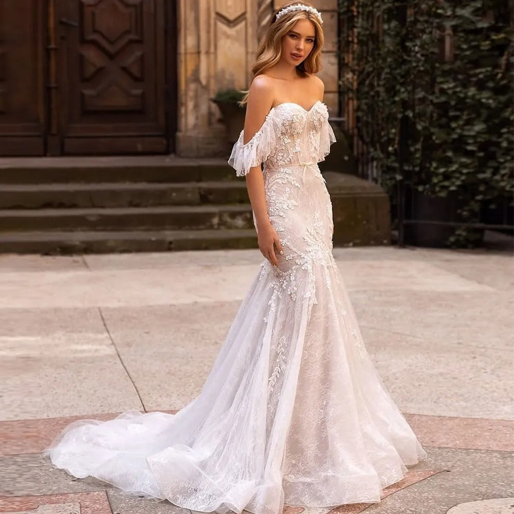 Robe de mariée bohème sirène en tulle polyester unie