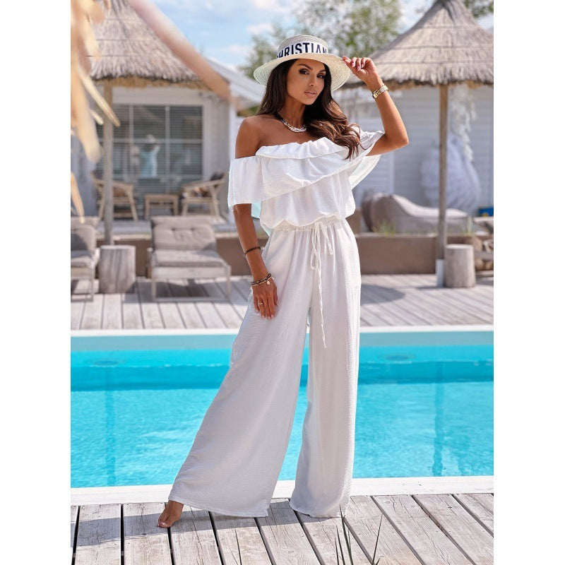Ruffled Short Sleeve Elastic Waist Wide Leg Jumpsuit