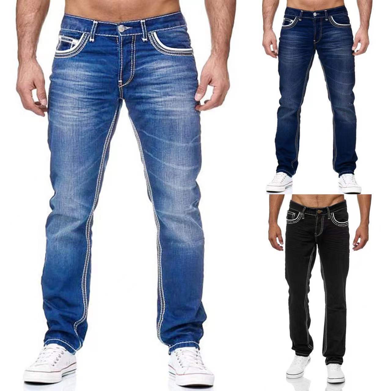 Jeans en coton pour hommes avec poches, pantalon décontracté streetwear