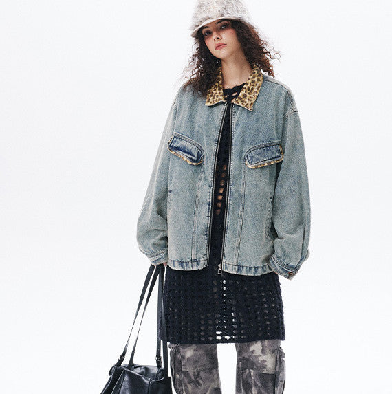 American Retro Washed Denim Jacket with Leopard Print Lapel
