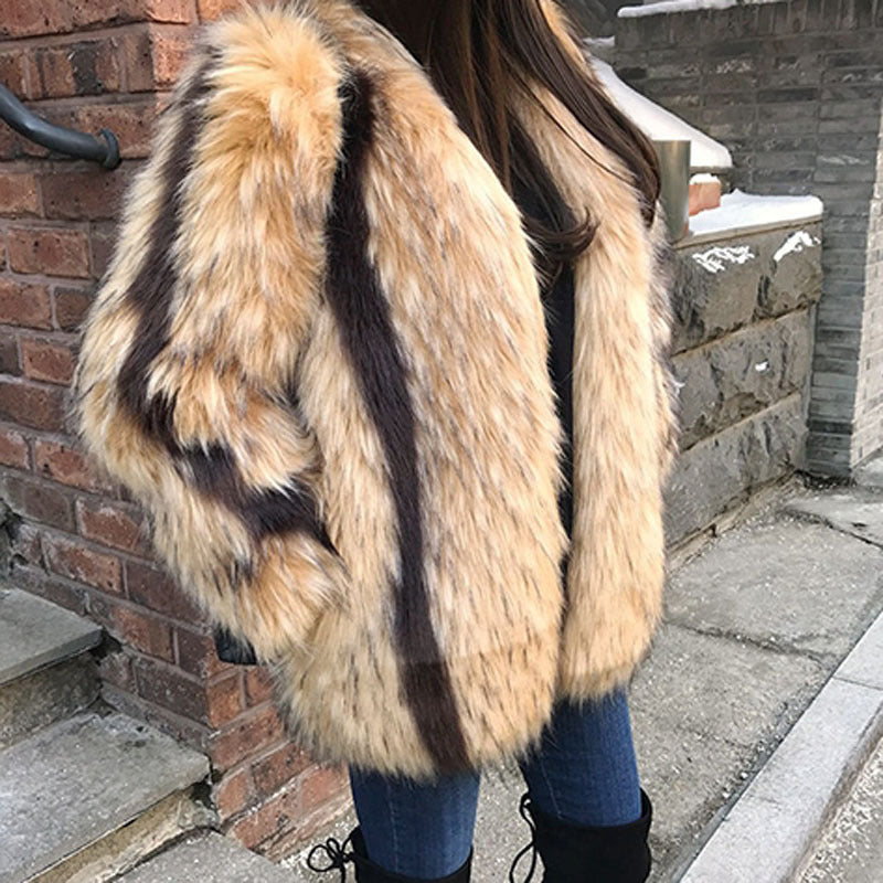Marbled Artificial Fox Fur Coat in Mixed Color