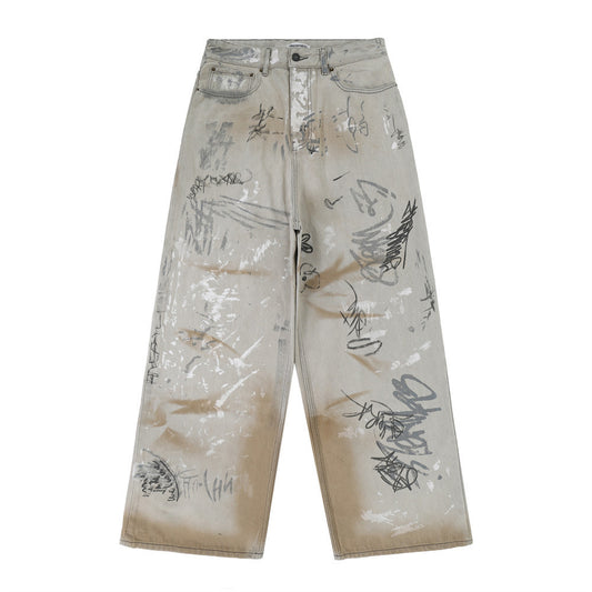 Hand Painted Graffiti Worn Jeans Men