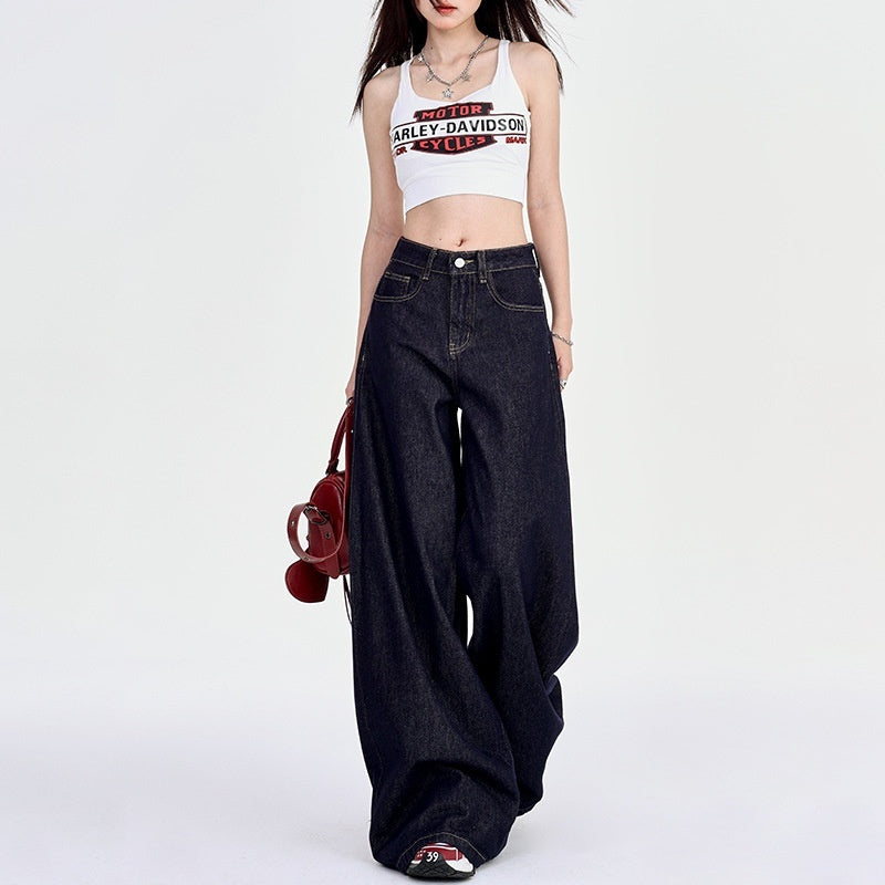 Spring Draped High Waist Wide Leg Denim Jeans for Women