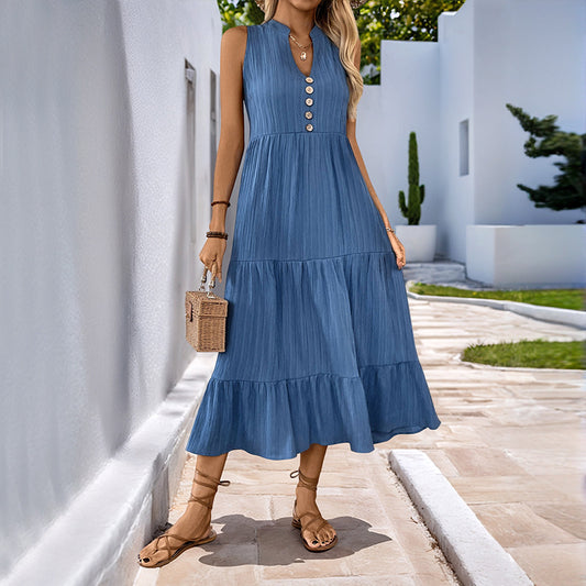 Pleated Solid Color Stand Collar Sleeveless Dress