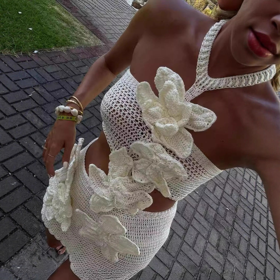 European And American Summer Fashion Halter Flower Cutout Beach Vacation Style Dress