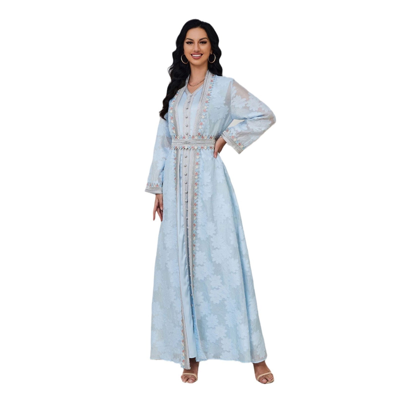Middle East Women's Elegant Muslim Dress with Ruffles and Embroidery