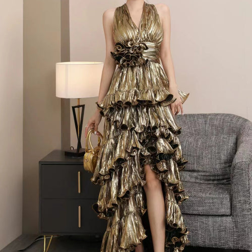 Dovetail Ruffled High Waist Dress for Women in Black, Silver Gray & Gold