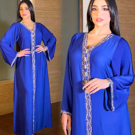 Women's Blue Hot Diamond Dress Arab Dubai Abaya