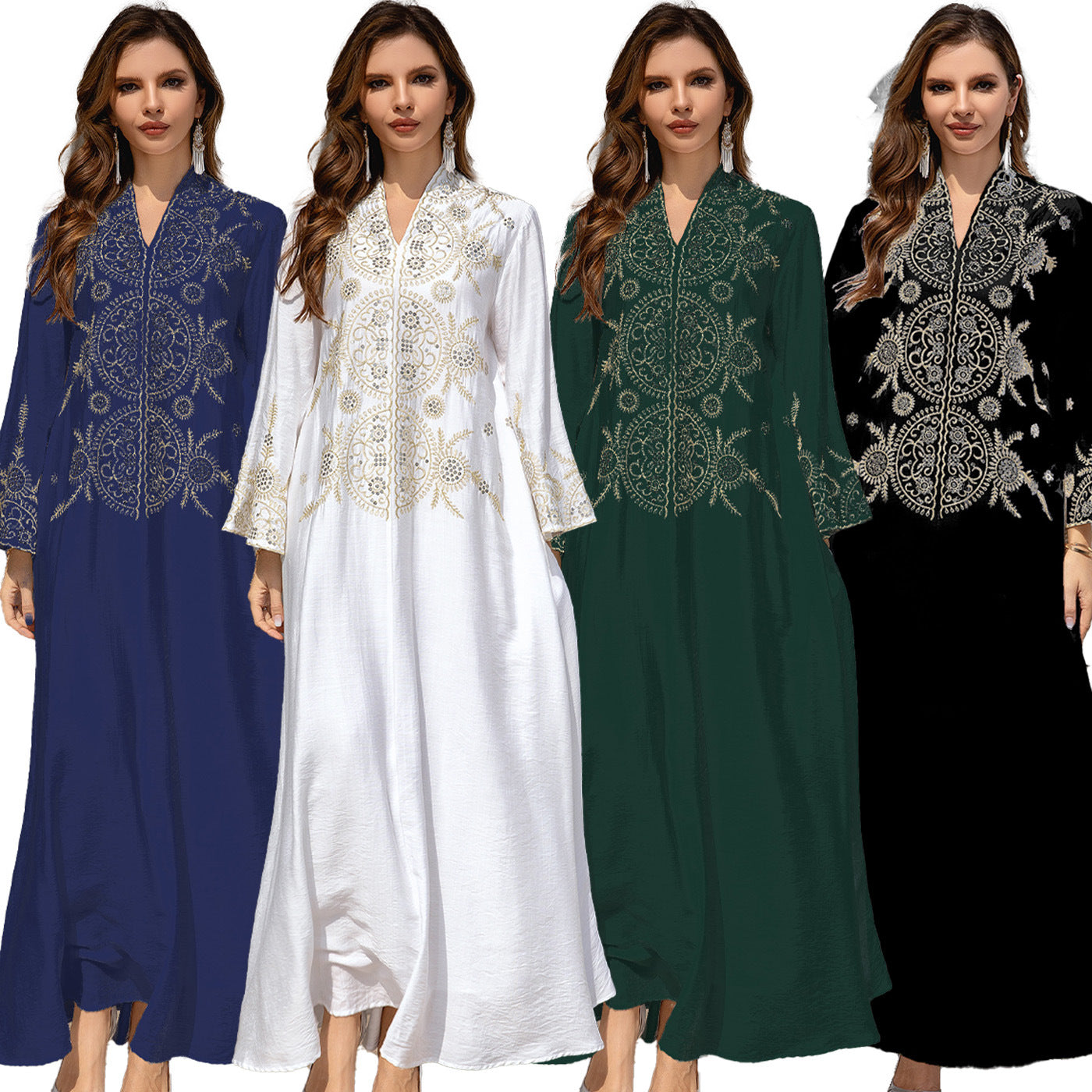 Muslim Women's Embroidered Robe Dress Long Sleeve Polyester