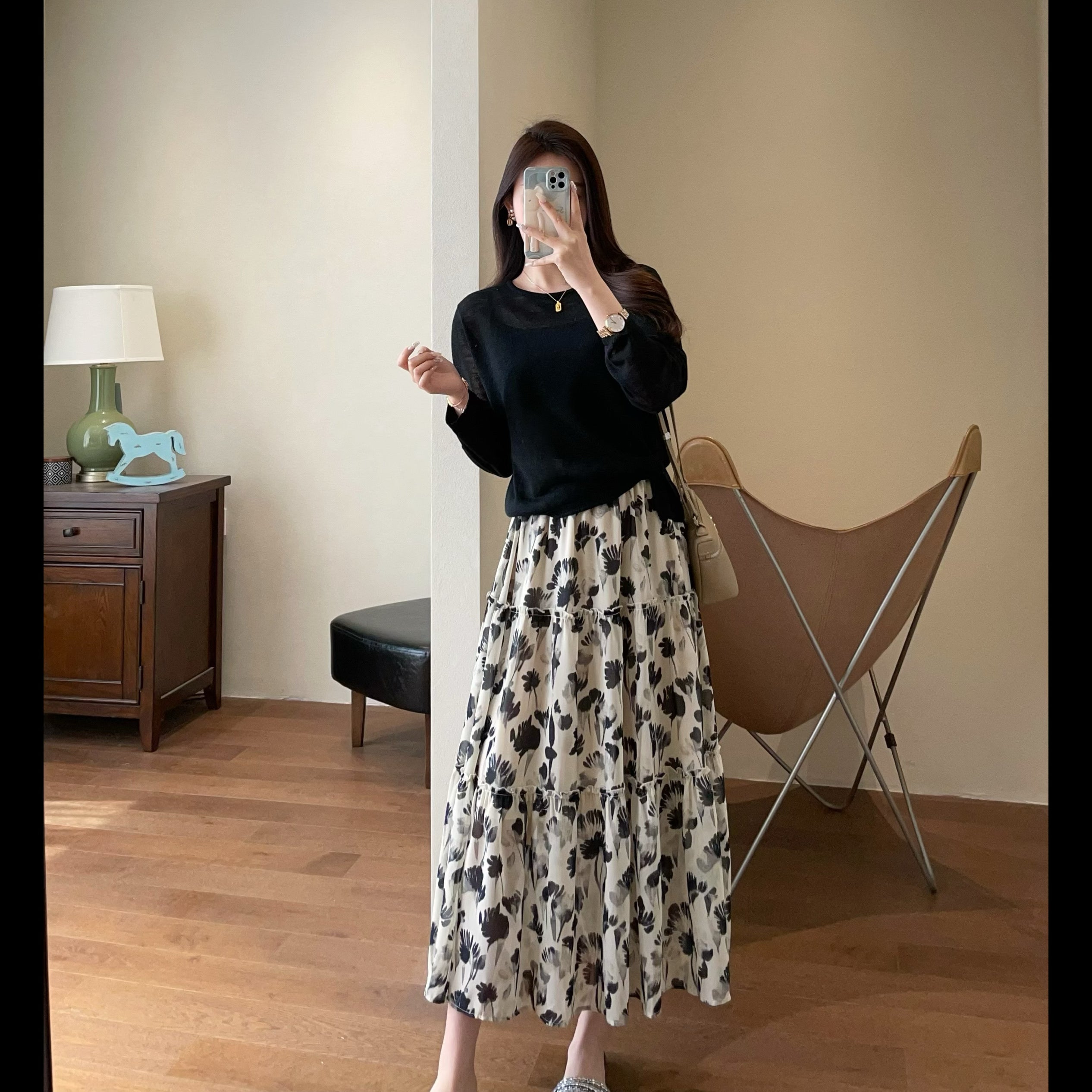 Elegant Romantic Ink Flower Printed Chiffon Skirt Mid-Length
