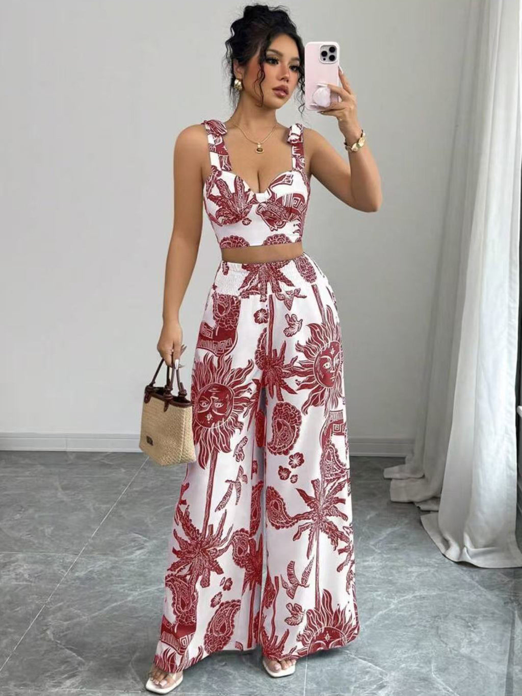 Sexy V-Neck Strap Vest with Loose Wide Leg Pants Set