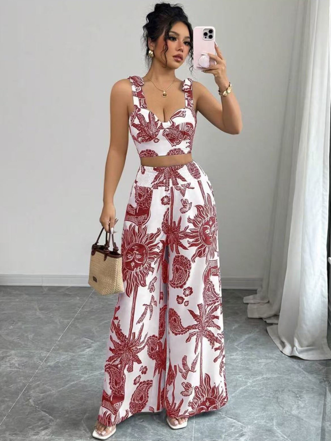 Sexy V-Neck Strap Vest with Loose Wide Leg Pants Set