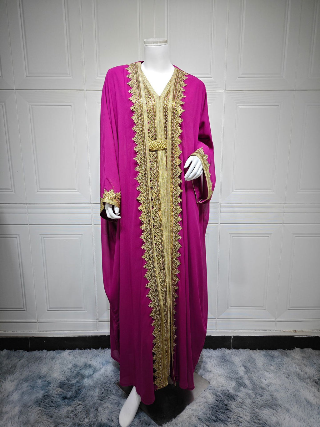 فستان إسلامي من الشيفون الأزرق السماوي مع حزام، مقاسات S-XXL