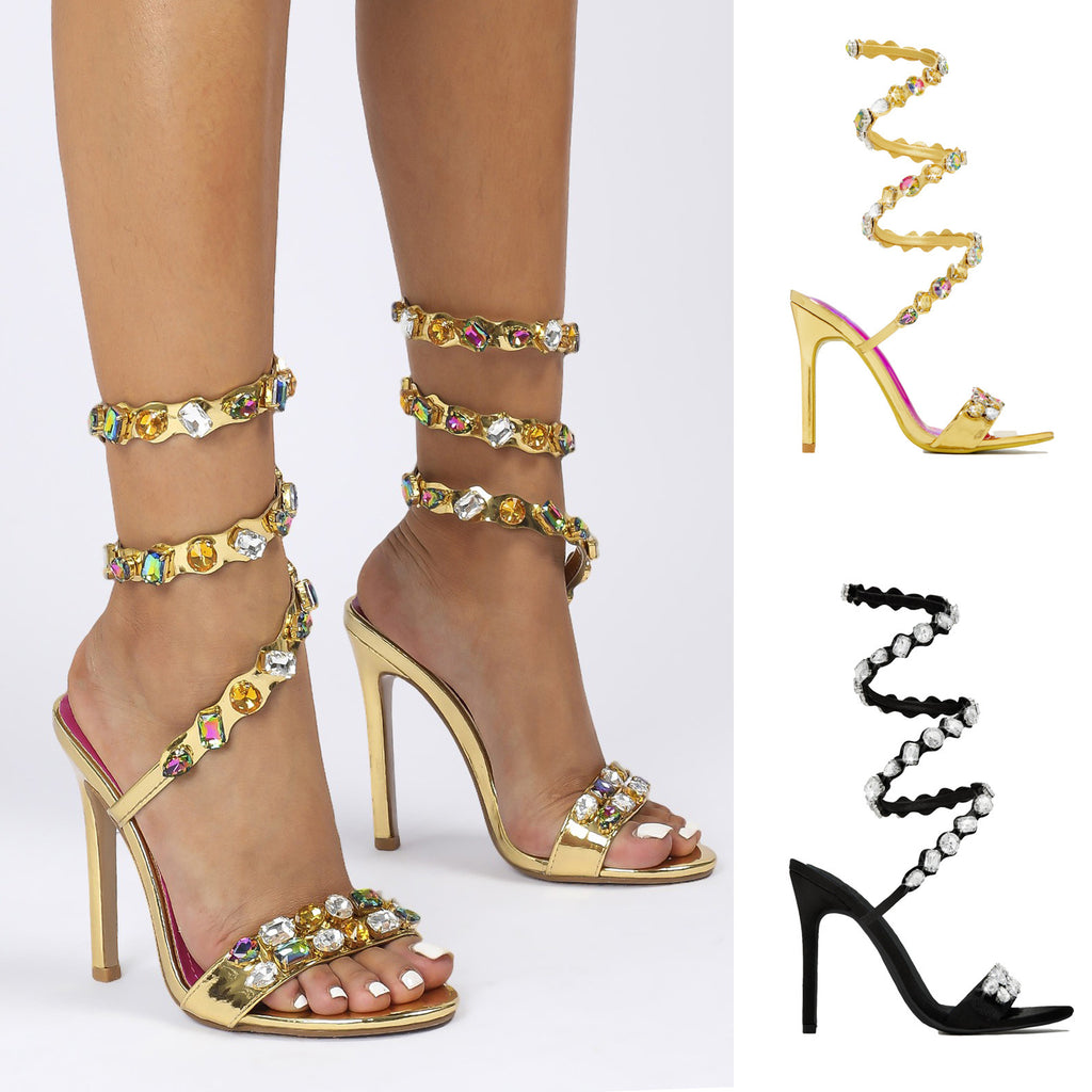 Sandales à talons aiguilles en satin noir et or avec strass, talon de 11 cm, bout carré, boucle d'été
