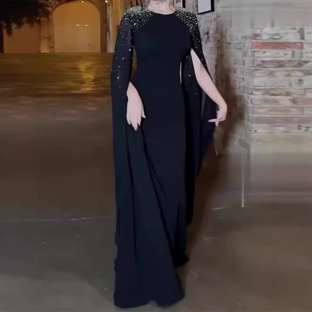 Black Middle East Hot Fix Rhinestone Evening Gown Robe Long Sleeve