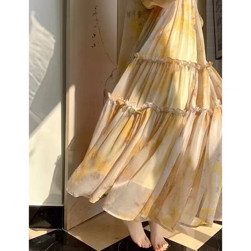 French Entry Lux Design Yellow Puff Sleeve Long Dress with Ink Print