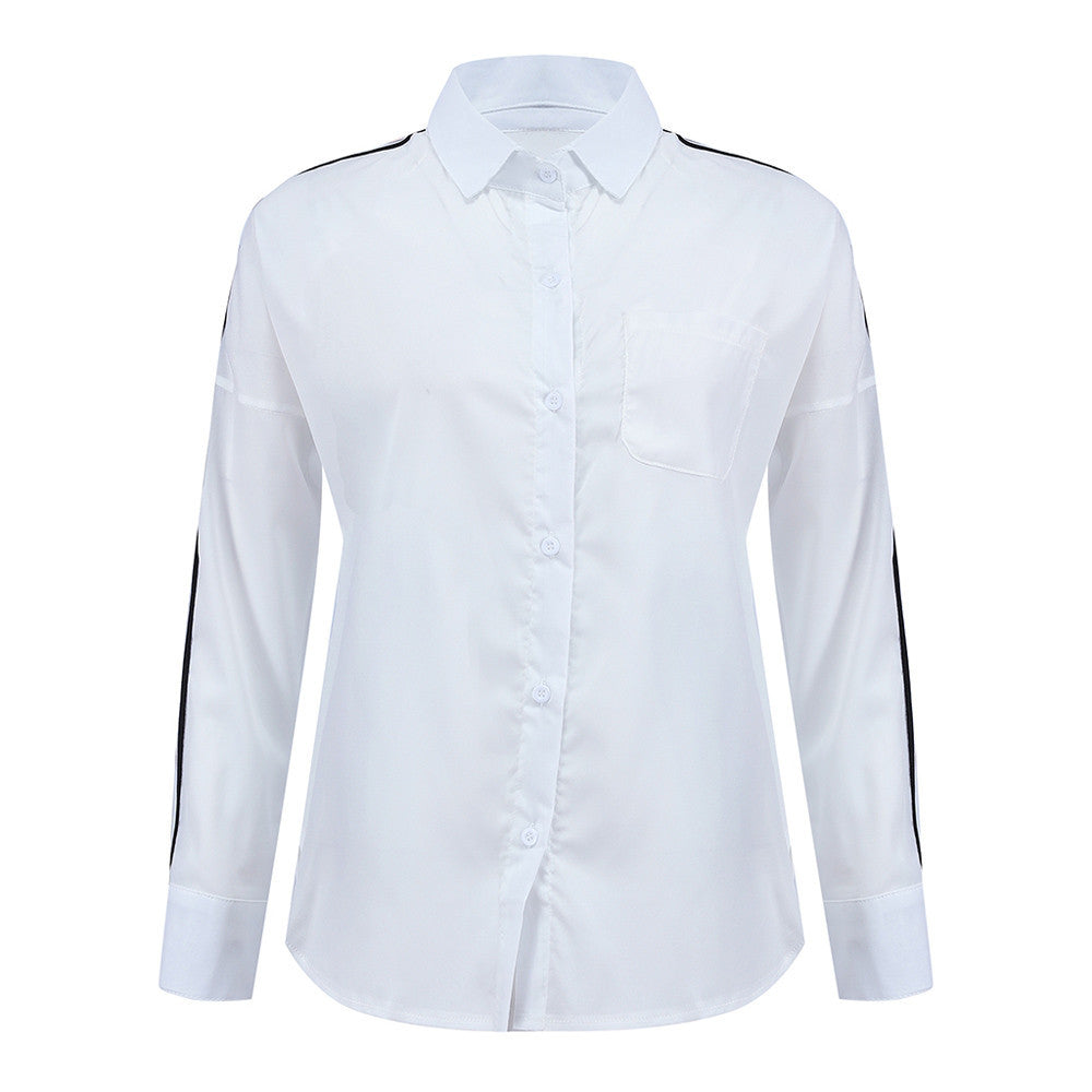 Women’s Casual White Stripe Long Sleeve Button Blouse