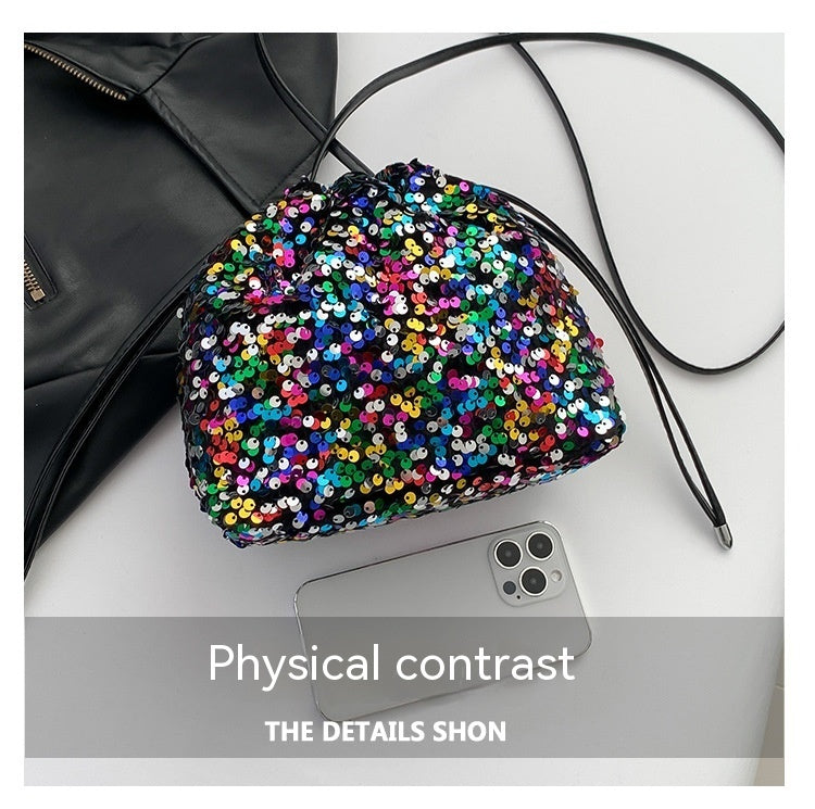 Sac plissé à cordon à sequins doux bandoulière