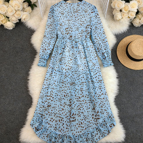 Robe longue Femme col en V imprimée dentelle manches longues bleue