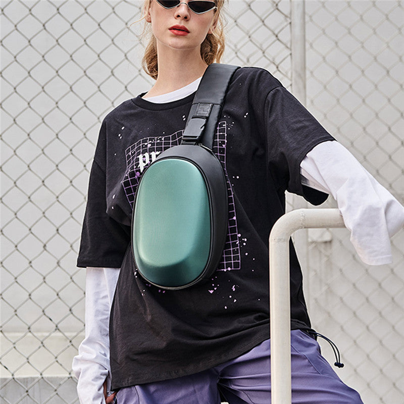 Hard Shell Round Shoulder Bag for Men and Women, Small PVC Chest Bag with Zipper Closure