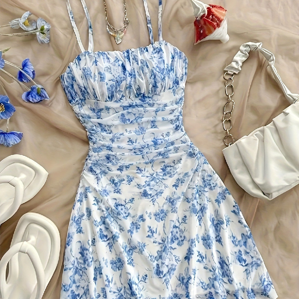 Women's Blue Floral Mid Waist French Strap Dress