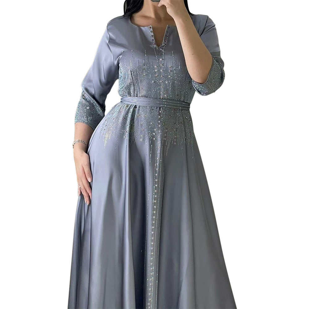 Forged Half-sleeve Lace-up Rhinestone Abaya Style Dress