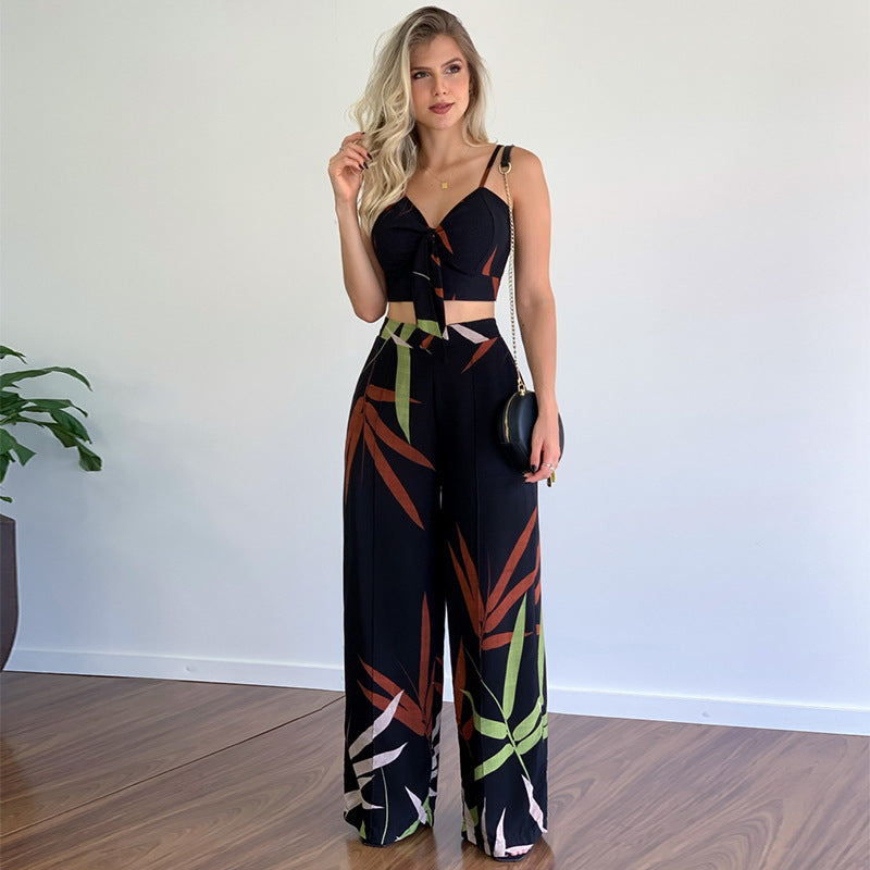 Linen V-Neck Short Vest & High Waist Wide Leg Pants Two-Piece Set