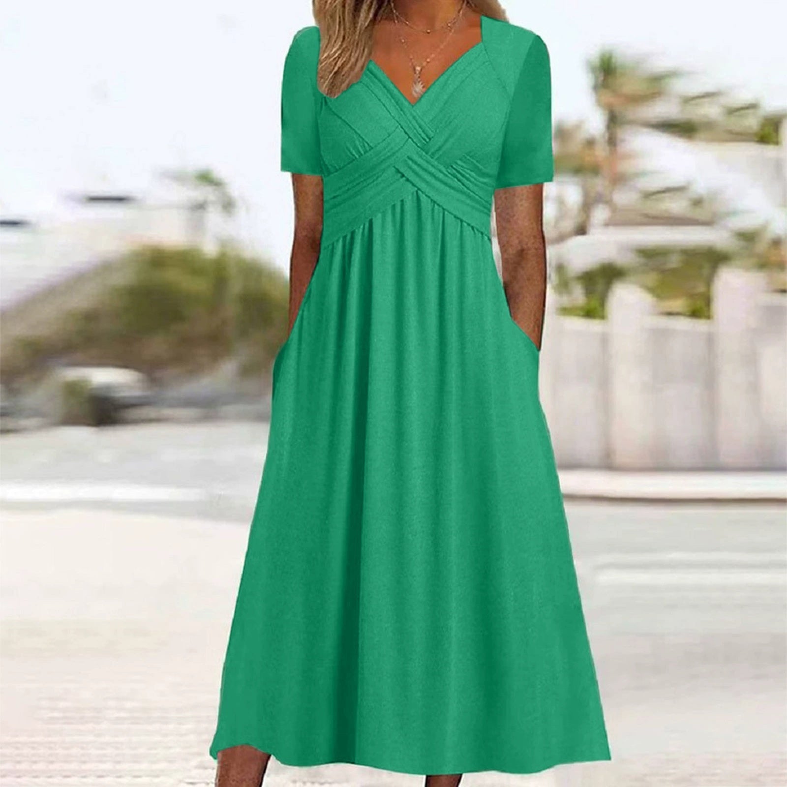 V-Neck Waist-Tight Spring Summer Dress Outerwear Nightdress in Black, Emerald, Peacock Blue, Sizes M-XXXL