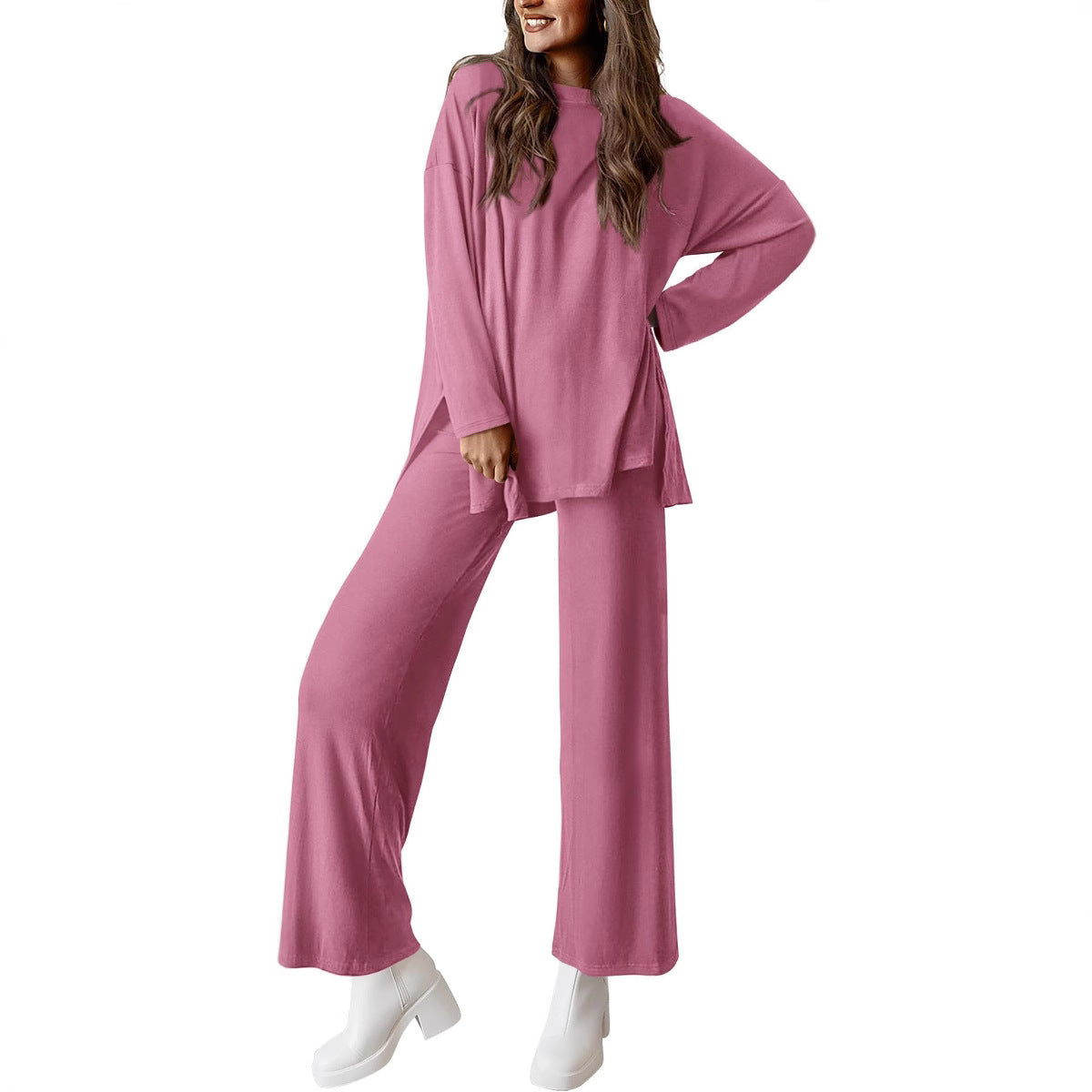 Women's Knitted Casual Solid Color Suit with Pants
