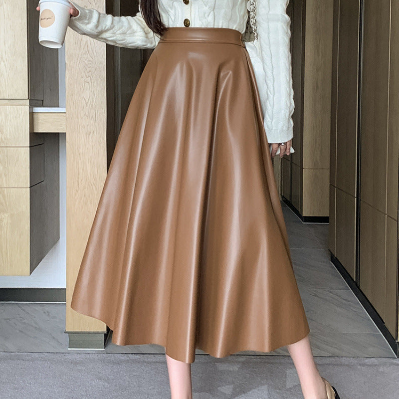 Mid-Length PU Leather Simple A-Line Umbrella Skirt in Army Green & Khaki