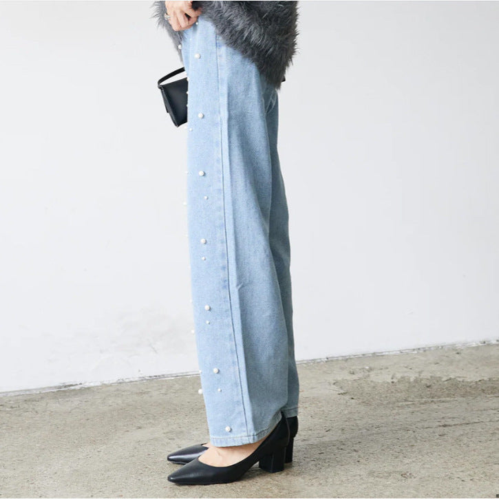Heavy Industry Pearl Buckle Women's Blue Loose Wide Leg Jeans
