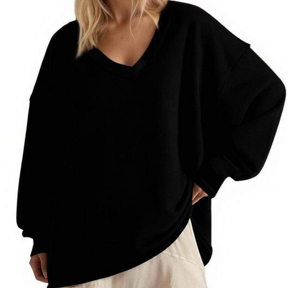 بلوزة جديدة بلون موحد، بياقة على شكل حرف V، فضفاضة، بأكمام طويلة للنساء