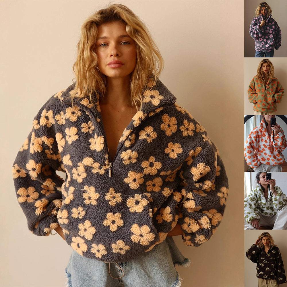 Sweat-shirt pull en agneau avec fermeture éclair et grande poche motif fleurs d'hiver