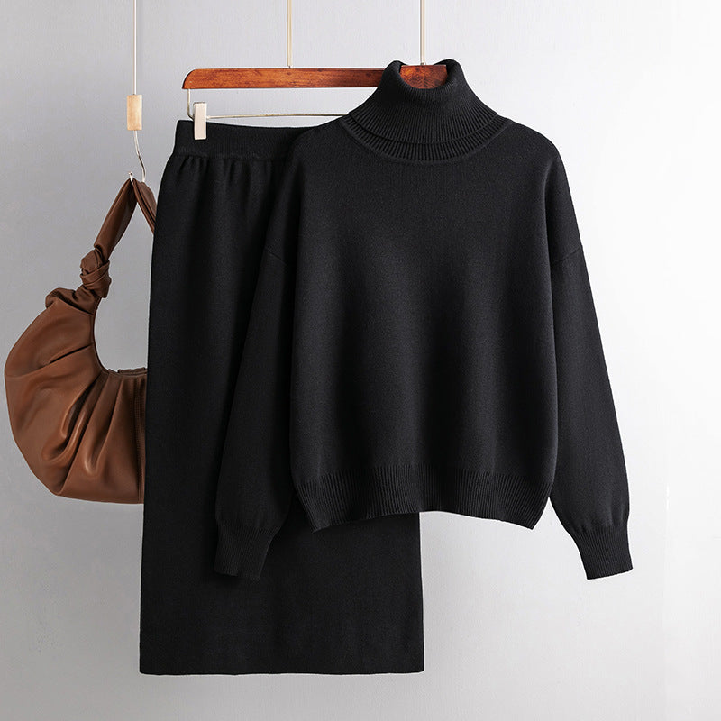 Ensemble deux pièces pull à col roulé uni et jupe fourreau, idéal pour l'automne et l'hiver