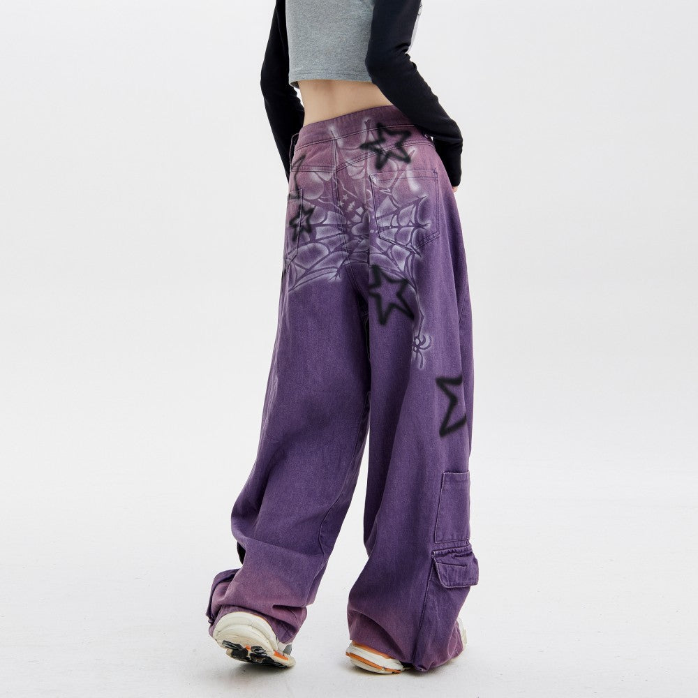 Pantalon large droit en jean enduit violet