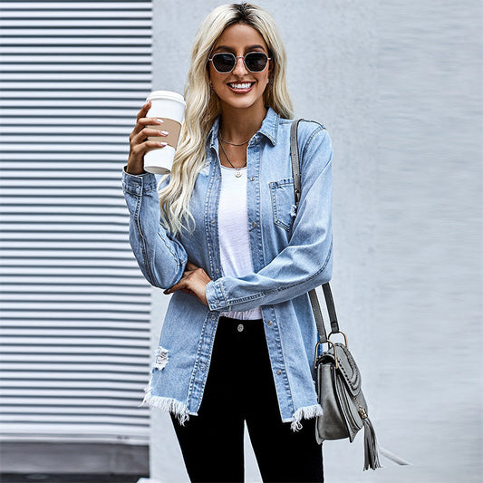 Denim Jacket Women's Fallwinter New Style Solid Color Distressed