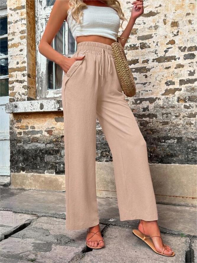 High Waist Casual Women's Pants with Elastic Drawstring & Pockets