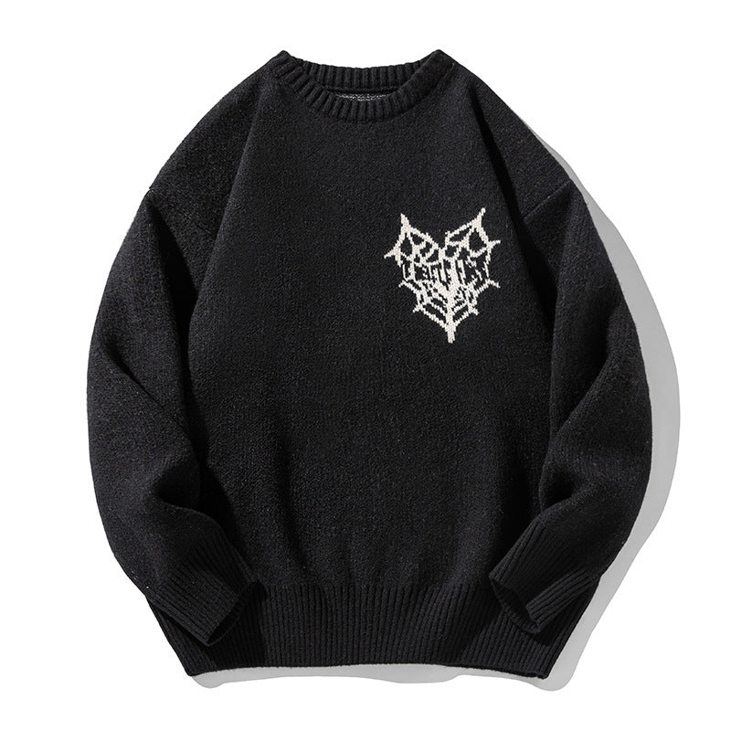 American Retro Hand-Painted Jacquard Round Neck Sweater in White & Black, Sizes M-XXL