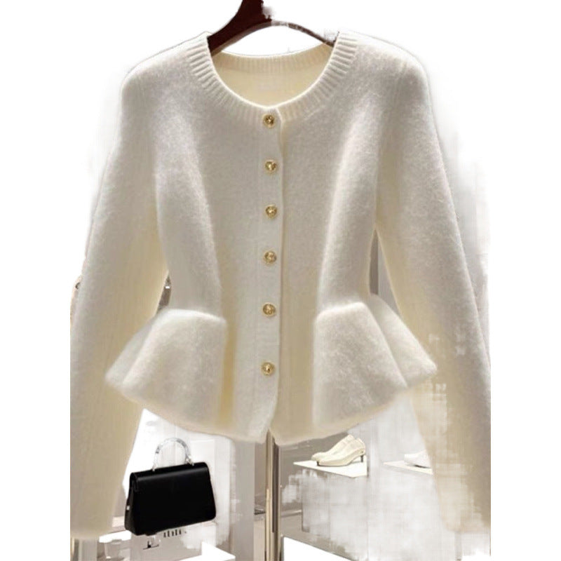 High-Grade White Waist-Tight Sweater Cardigan