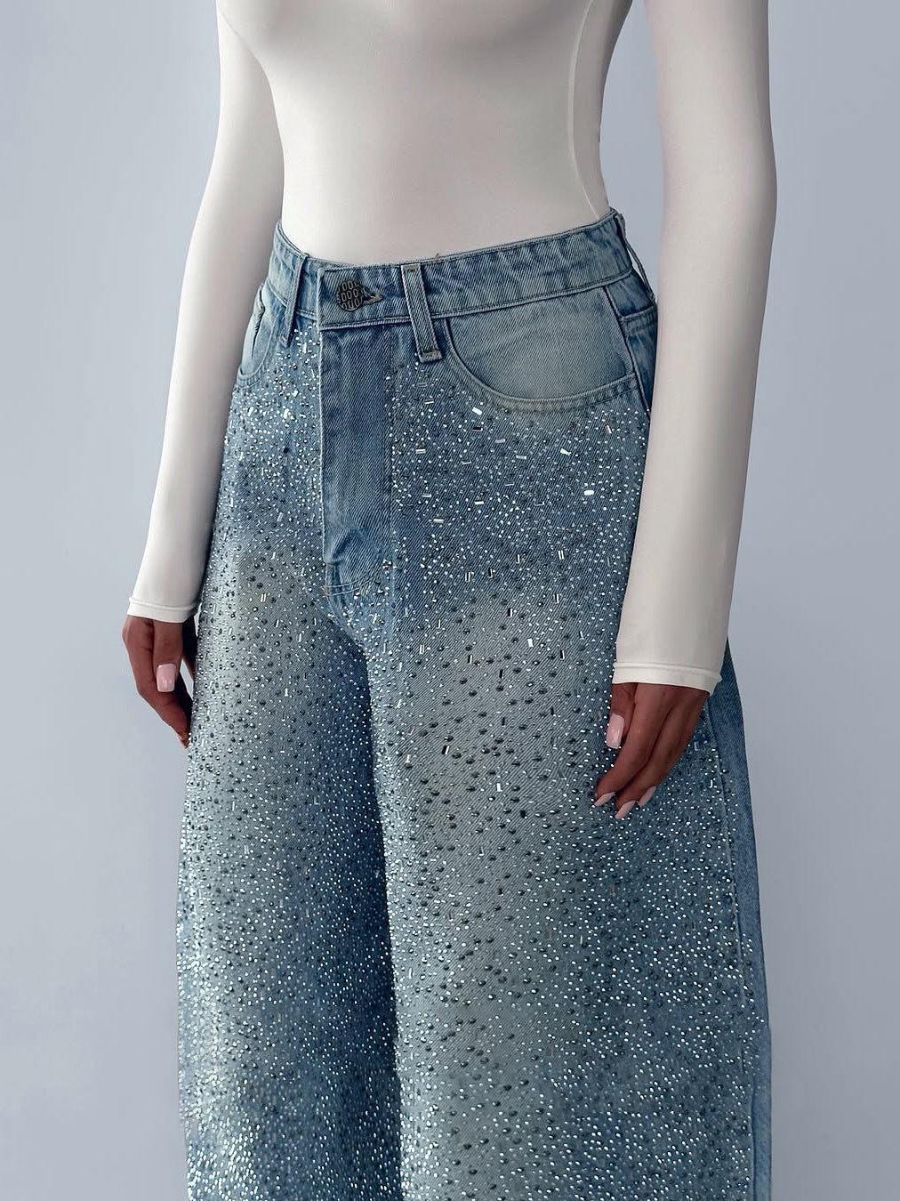 Irregular Rhinestone Vintage Denim Jeans
