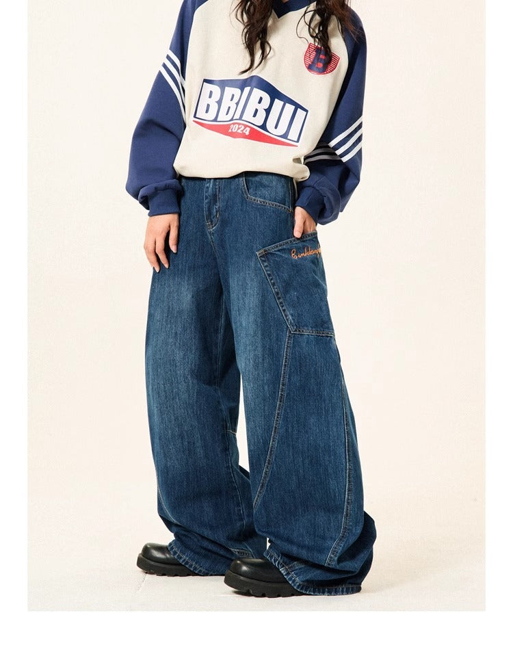 Jeans taille haute amples à jambes larges pour femme avec grandes poches bleu foncé