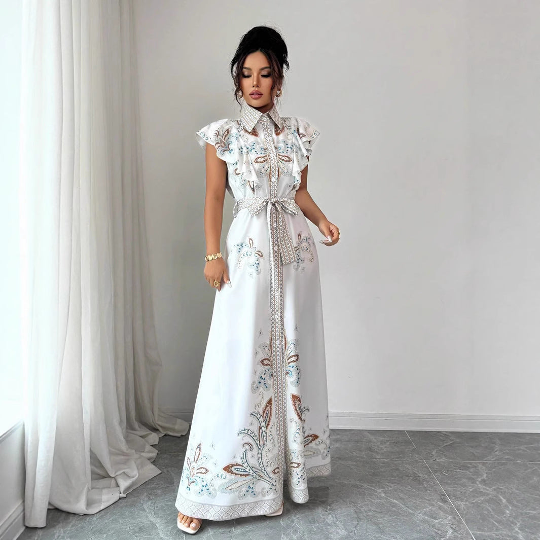 Robe mi-longue pour femmes du Moyen-Orient, imprimée rétro, à manches longues, taille cintrée et col montant