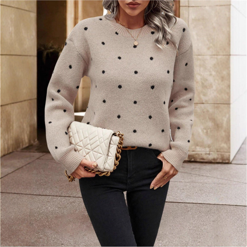 Polka Dot Print Pullover Sweater Long-Sleeve Casual Knit Top for Women
